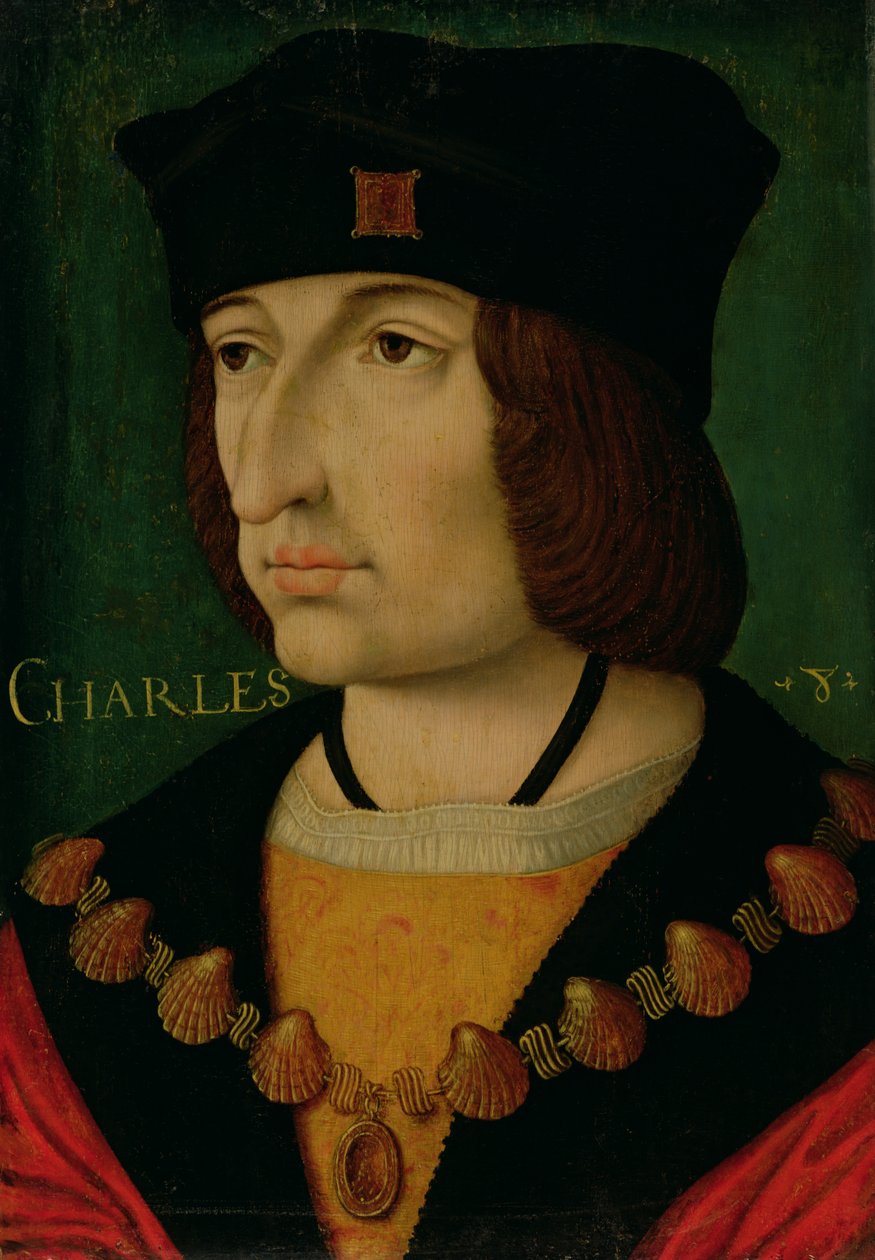 Portret Karola VIII (1470-98), króla Francji (olej na płycie) (zobacz także 191337) autorstwa Jean (attr.to) Bourdichon