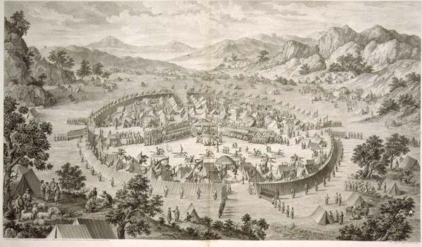 Tchao-Hoei zajmuje swoje wojska ćwiczeniami i igrzyskami wojskowymi w 1758 r., tablica 5 z serii rycin przedstawiających podboje Qianlonga, cesarza Chin, rytowana przez Pierre