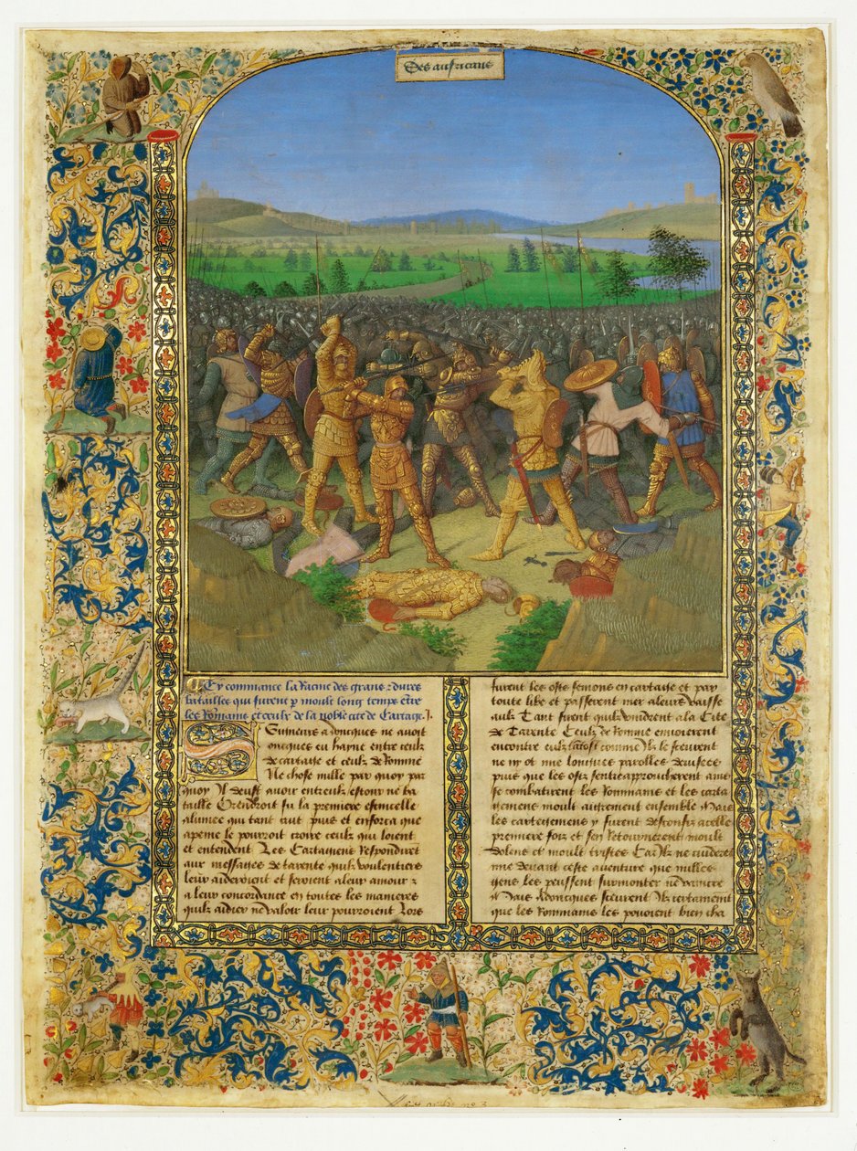 Bitwa między Rzymianami a Kartagińczykami, prawdopodobnie bitwa pod Kannami ... autorstwa Jean (style of) Fouquet