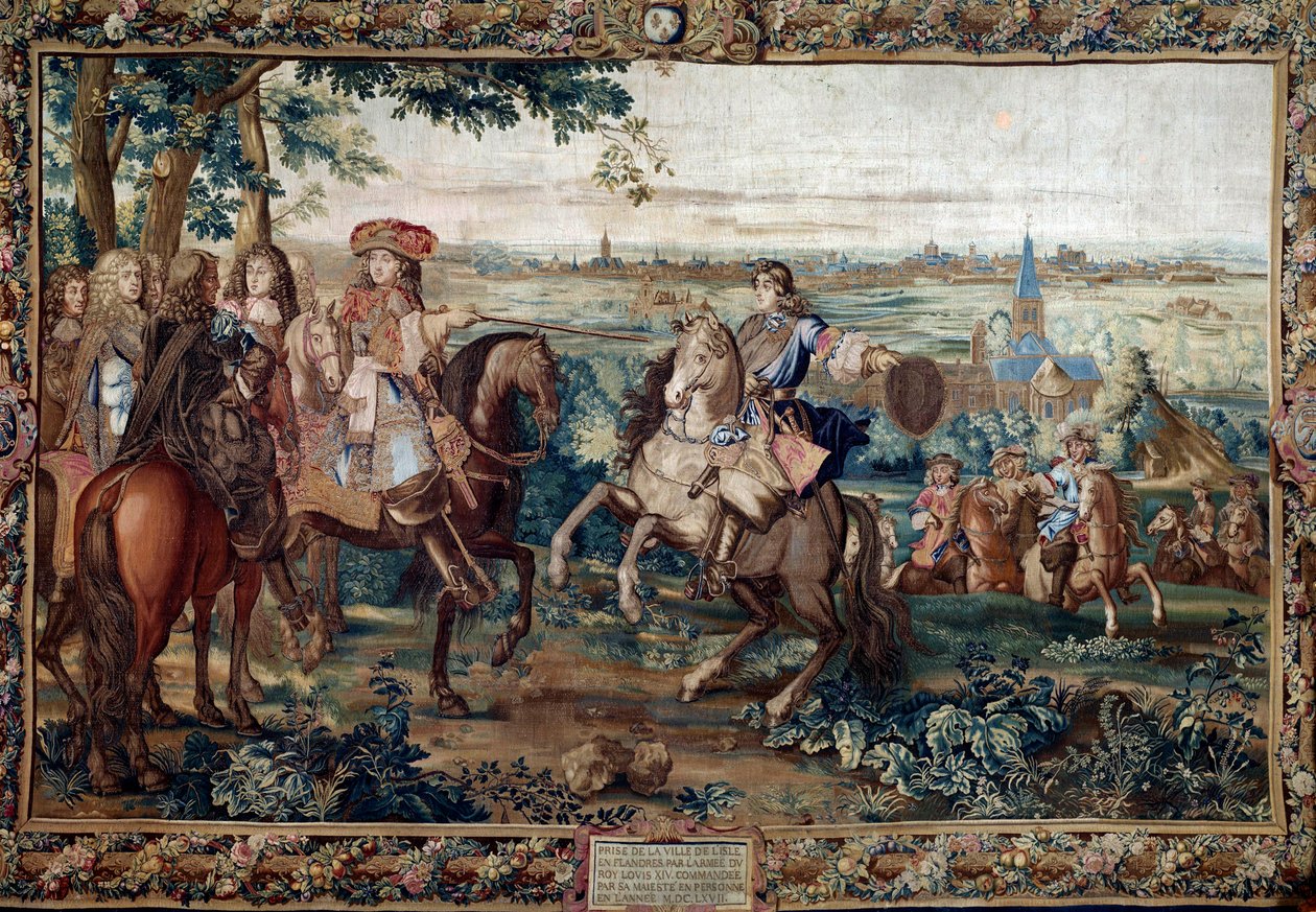 Kontynuacja z Histoire du Roi: „” Zdobycie Lille przez Ludwika XIV, sierpień 1667 po tekturze św. Andrzeja. Obraz wykonany przez warsztat Jeana Mozina (XVII w.) w fabryce Gobelins. Ciemny. 3,7x5,5m. Wersal, muzeum zamkowe autorstwa Jean (workshop) Mozin