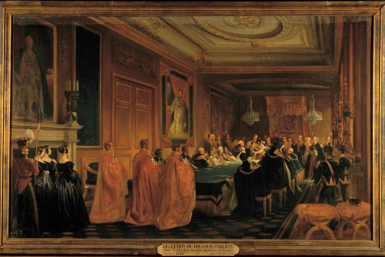 Królowa Wiktoria (1819-1901) przyjmująca króla Ludwika Filipa I (1773-1850) jako rycerza w zakonie Jarretiere, w zamku Windsor autorstwa Jean Alaux