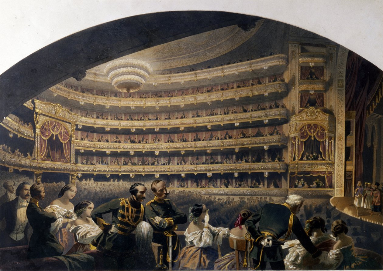 Publiczność w loży Teatru Bolszoj (Moskwa, Rosja). (Publiczność w pudełku Teatru Bolszoj). Praca Jean Alexandre Duruy (XIX w.), litografia, początek XIX w., sztuka francuska, klasycyzm. Państwowe Muzeum Sztuki Teatralnej i Muzycznej, Saint Pe autorstwa Jean Alexandre Duruy