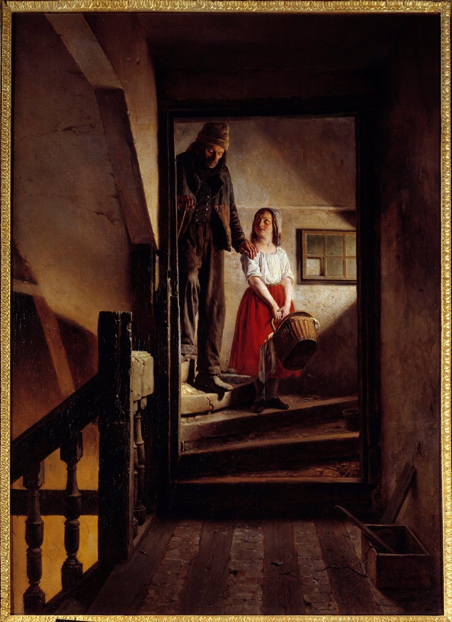 Kij na starość Mała dziewczynka pomaga starcowi w dół schodami. Obraz Jean Alphonse Roehn (1799-1864) 1852 Rouen, Musee des Beaux Arts autorstwa Jean Alphonse Roehn