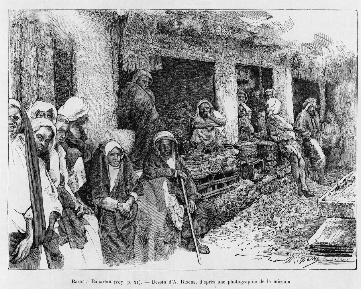 Bazar Bahrajn, Czad. Grawerowanie A.Rixensa ilustrujące historię A Suse, journal des excavilles autorstwa Jean Andre Rixens