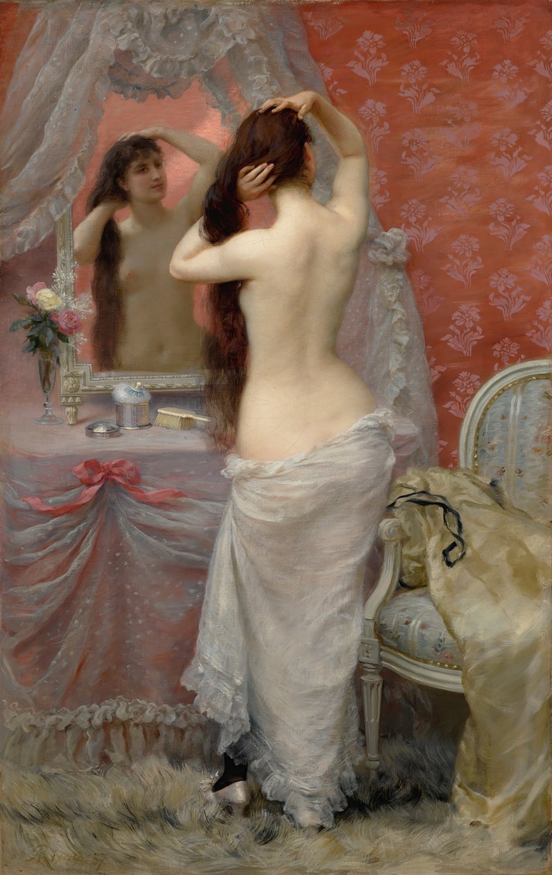 Naga młoda kobieta czesząca włosy we wnętrzu, 1887. autorstwa Jean Andre Rixens