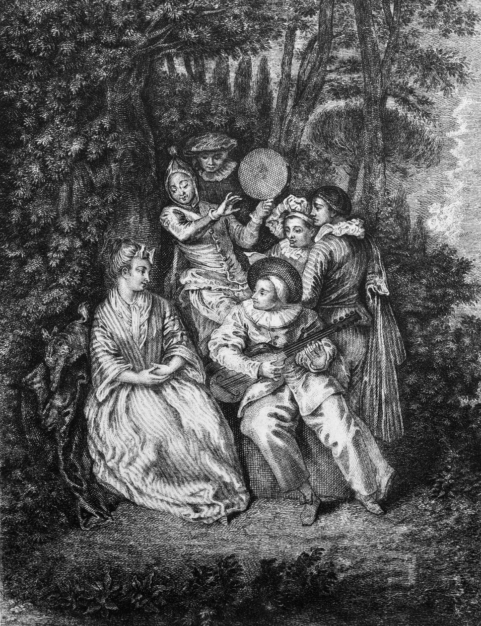 Włoska Serenada rytowana przez Gerarda Jeana Baptiste Scotina (1671-1716), wg Watteau- autorstwa Jean Antoine (after) Watteau
