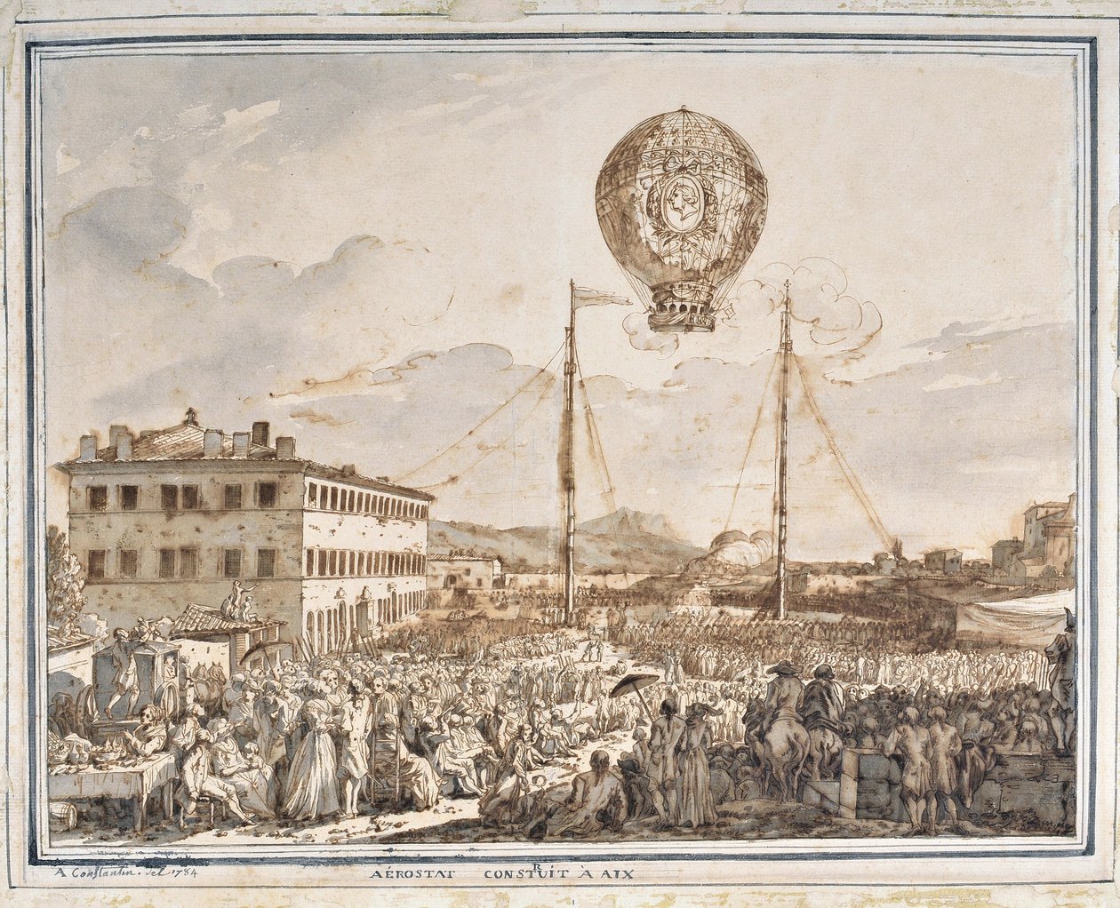 Aerostat zbudowany w Aix. Balon zbudowany w Aix en Provence. Rysunek Jean Antoine Constantin dit Constantine d