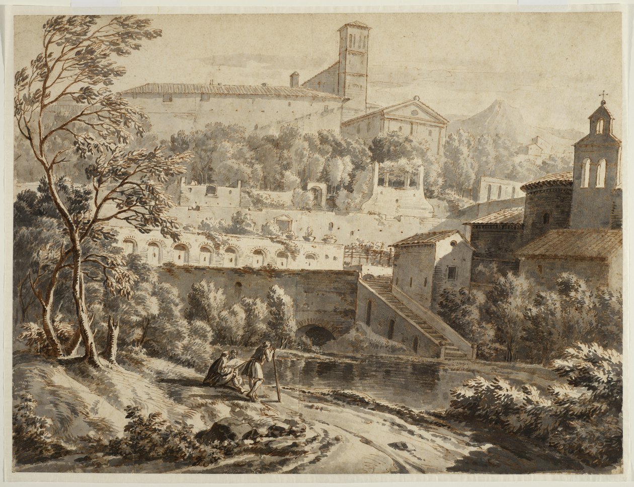 Artysta szkicujący wzdłuż brzegu rzeki, poniżej włoskiego miasta, ok. 1780 (tusz i pranie na papierze wykładanym, ślady czarnej kredy) autorstwa Jean Antoine Constantin