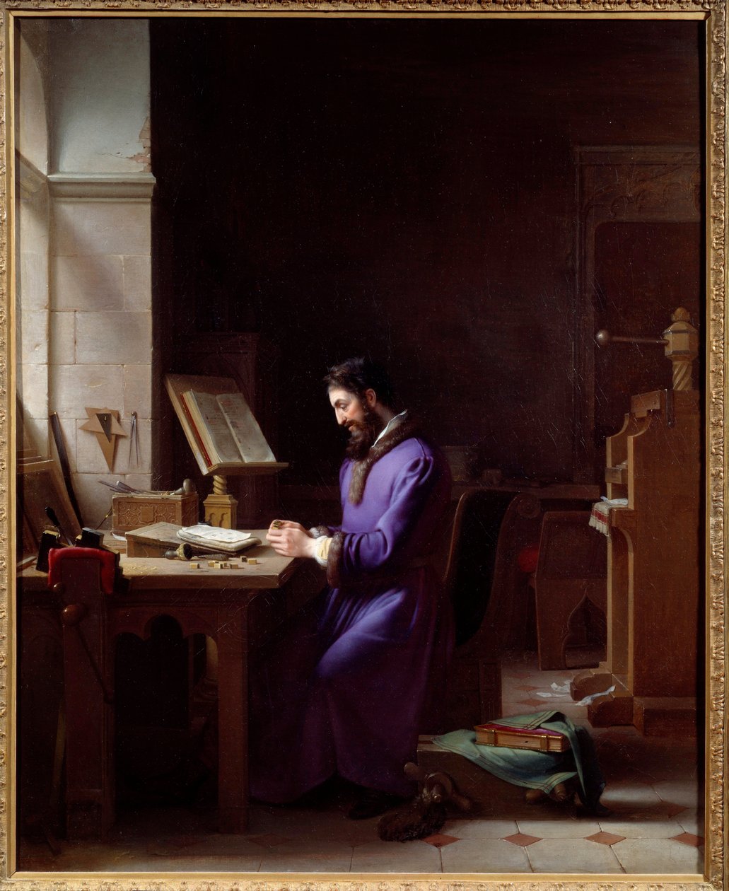 Johannes Gensfleisch Gutenberg (1400-1468) wynalazł prasę drukarską Niemiecki drukarz jest przedstawicielem obsługującym znaki w swoim biurze. Obraz Jeana Antoine