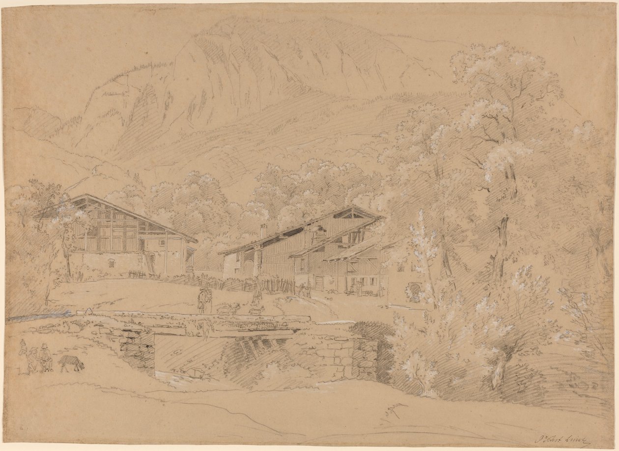 Alpejska wioska latem (czarna kreda i grafit podkreślone białą kredą na jasnobrązowym papierze) autorstwa Jean Antoine Linck