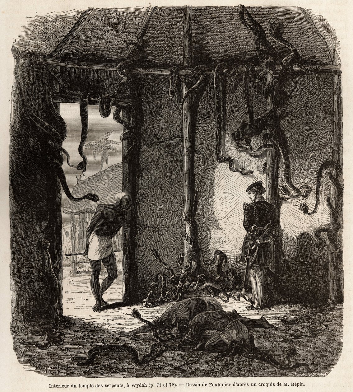 Wewnątrz świątyni węży fetiches, w Wydah, w Dahomeju (dzisiejszy Benin), rysunek Jean Antoine Foulquier (1822-1896), ilustrujący podróż doktora Repina do Dahomeju w 1860 roku. Grawer w „”Le tour du monde” ”, pod redakcją Edouarda Chartona autorstwa Jean Antoine Valentin Foulquier