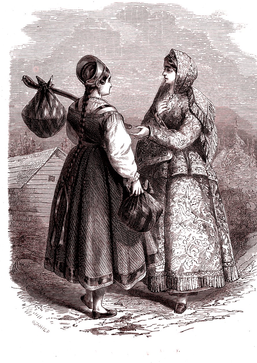 Rosja. Kobiety z gór Valdaiy. 1865 (grawerowanie) autorstwa Jean Antoine Valentin Foulquier