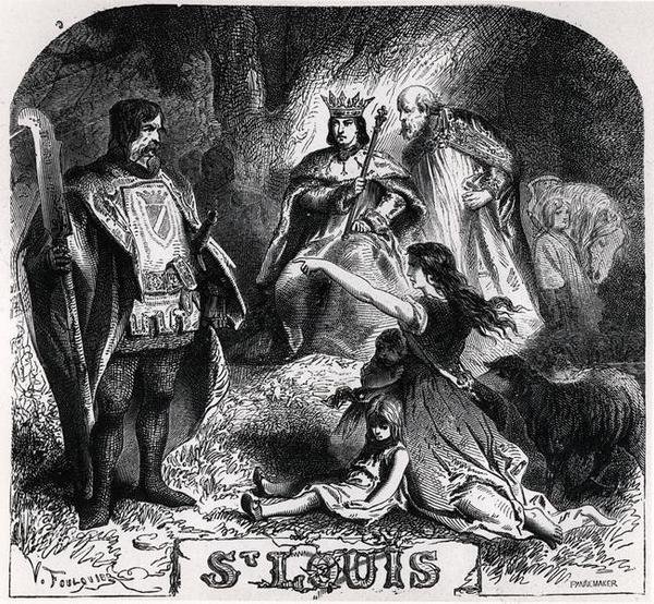 St. Louis oddaje sprawiedliwość pod dębem w Vincennes, z „Histoire de France en Tableaux”, ryty przez Pannemakera (grafika) (zdjęcie czarno-białe) autorstwa Jean Antoine Valentin Foulquier