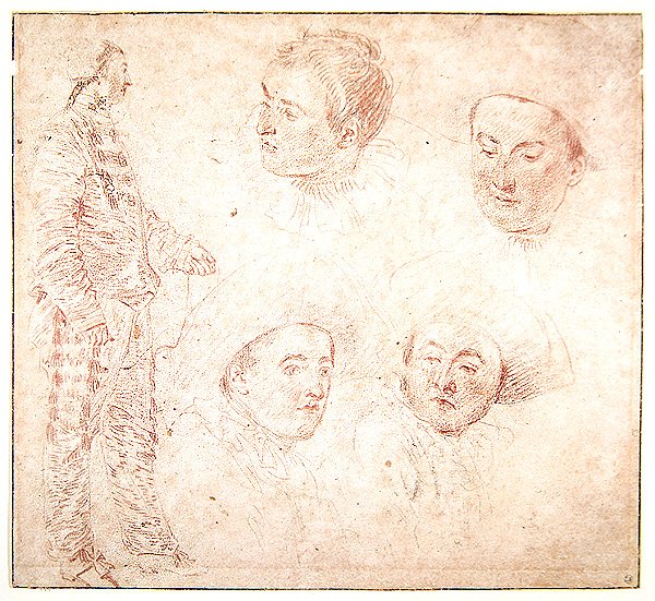 Postać i cztery głowy (czerwona kreda na papierze) autorstwa Jean Antoine Watteau