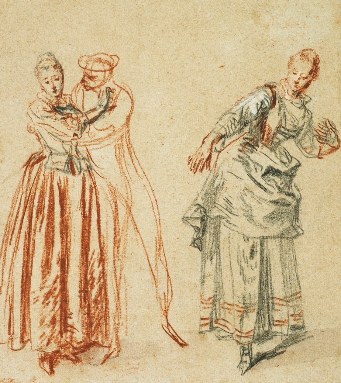 Scena z komedii dell"arte: Dziewczyna przeciwstawiająca się zalotom komika i aktorka wykonująca krok, c.1718 autorstwa Jean Antoine Watteau