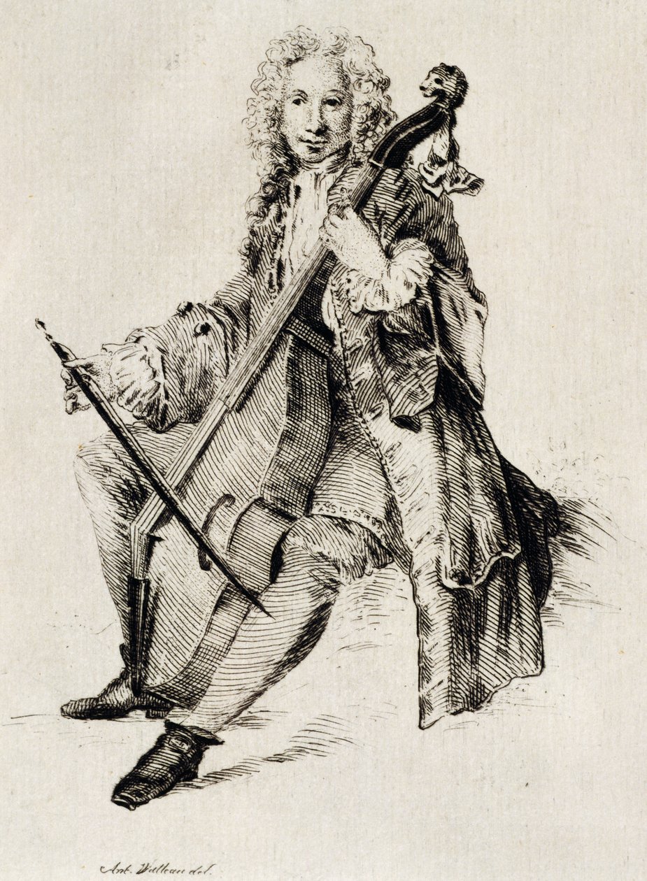 Wiolonczelista, Jean Antoine Watteau (1684-1721), grawerowanie, Francja autorstwa Jean Antoine Watteau