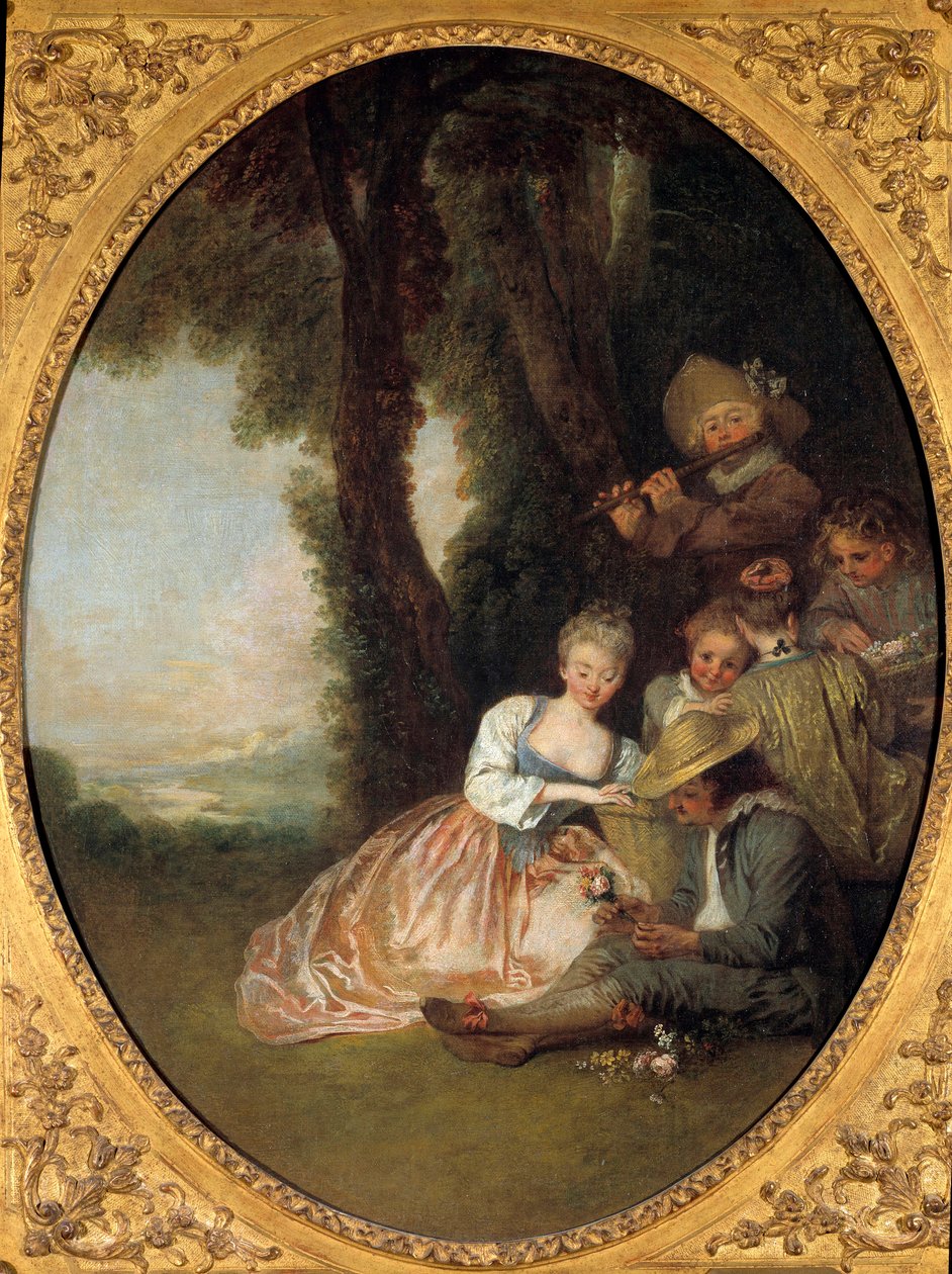 Koncert szampański czy „Oczekiwana deklaracja”. Młoda para w miłości rumieni się. Obraz w stylu rokoko autorstwa Jeana Antoine Watteau (1684-1721) autorstwa Jean Antoine Watteau