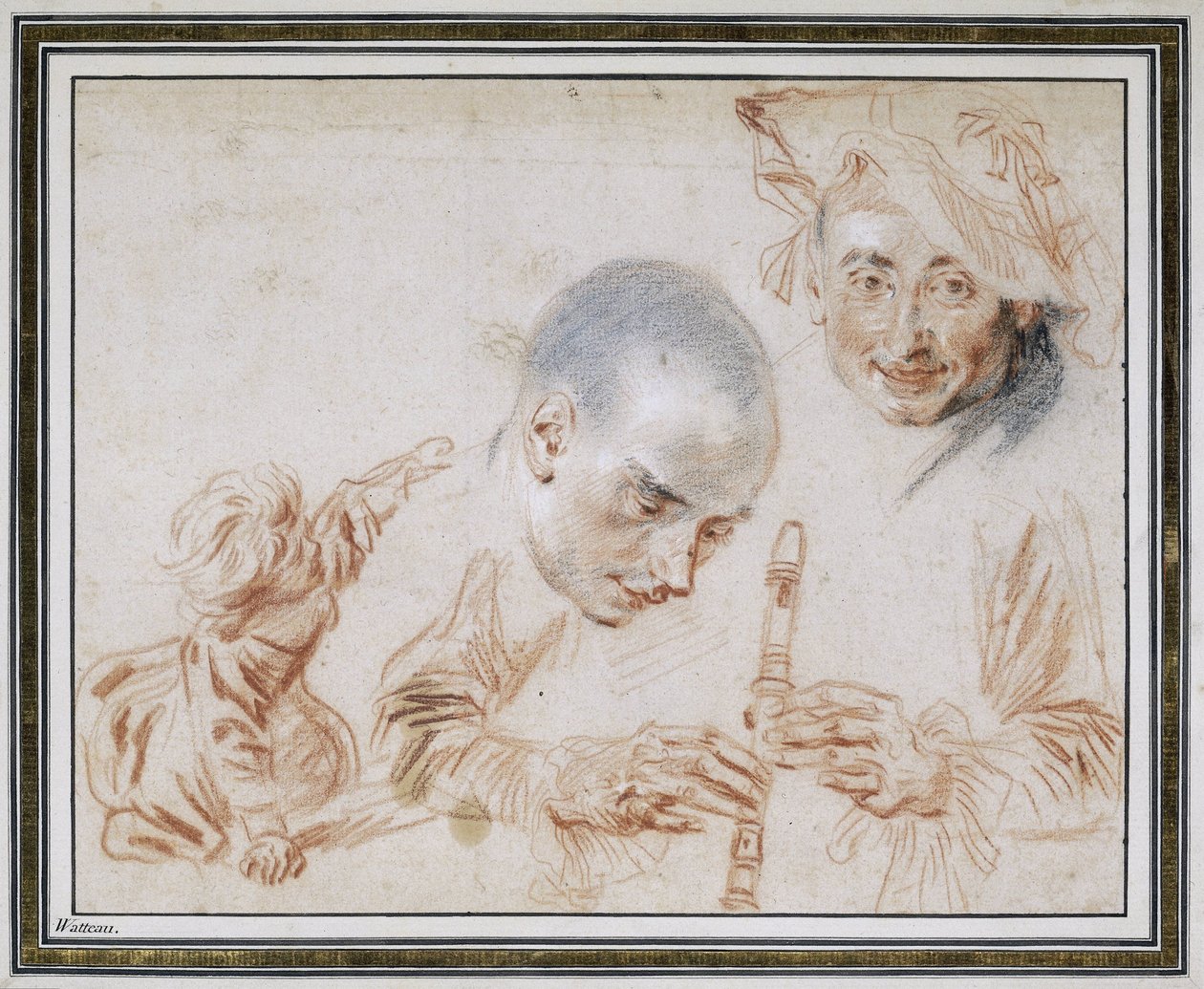 Przyczajone dziecko, dwie głowy mężczyzny, jeden w berecie, ramiona i ręce magnetofonu-gracza autorstwa Jean Antoine Watteau