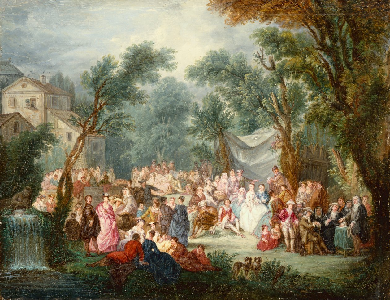 Eleganckie towarzystwo, na zewnątrz z przybyciem Młodej Pary (olej) autorstwa Jean Antoine Watteau