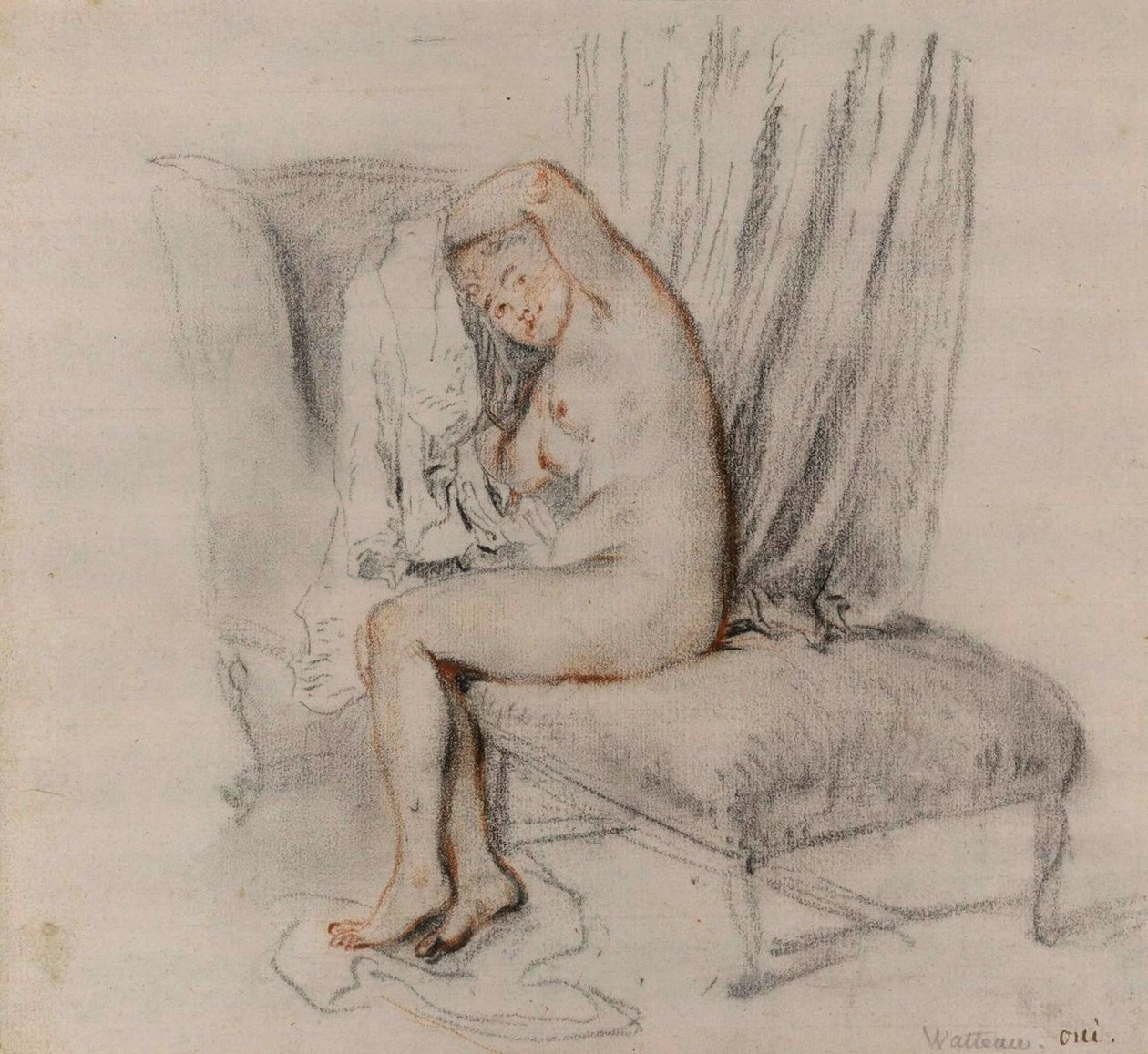Naga kobieta zdejmująca koszulkę, ok. 1717 r. autorstwa Jean Antoine Watteau