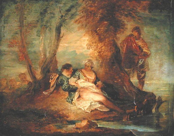 Figures in Landscape, ok. 1700 (olej na panelu) autorstwa Jean Antoine Watteau