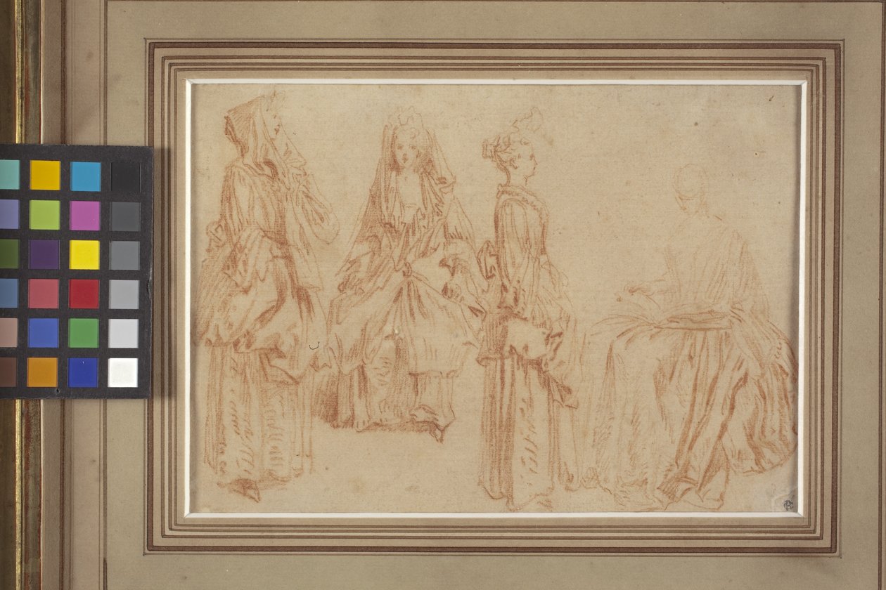 Cztery Damy (czerwona kreda (sangwinik) na papierze) autorstwa Jean Antoine Watteau