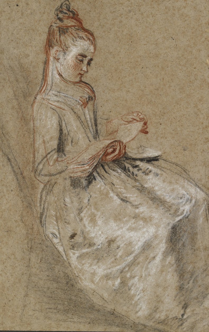 Dziewczyna siedząca z książką muzyczną na kolanach (czarne, czerwone i białe kredy na grubym brązowym papierze) autorstwa Jean Antoine Watteau