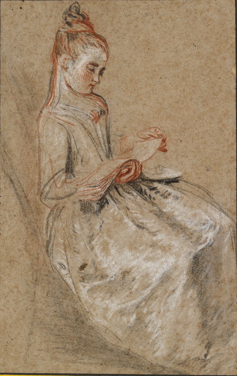 Dziewczyna siedząca z książką muzyczną na kolanach, początek XVIII wieku autorstwa Jean Antoine Watteau