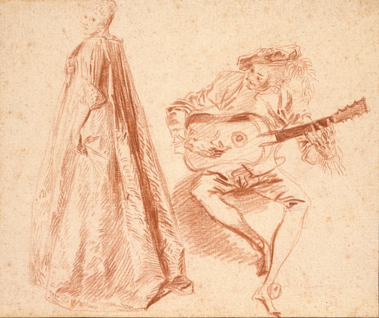 Dziewczyna stojąca z profilu po lewej, z mężczyzną, grająca q na gitarze, początek XVIII wieku autorstwa Jean Antoine Watteau