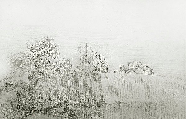 Dom na skraju stromego klifu (czerwona kreda na papierze) autorstwa Jean Antoine Watteau