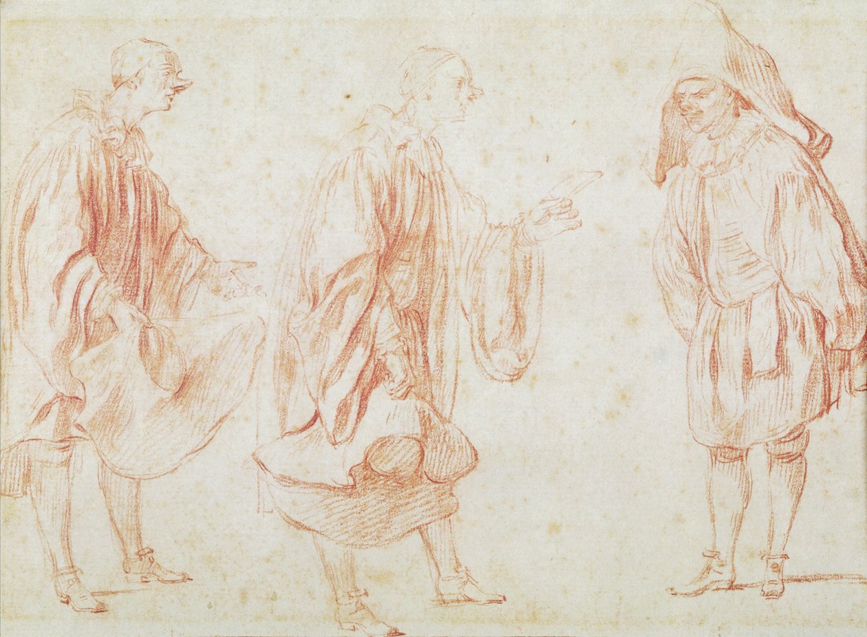 Aktorzy włoscy (czerwona kreda na papierze) autorstwa Jean Antoine Watteau