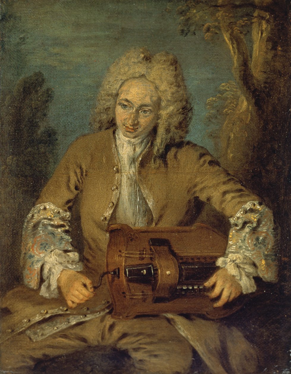 Mężczyzna grający na lirze korbowej autorstwa Jean Antoine Watteau