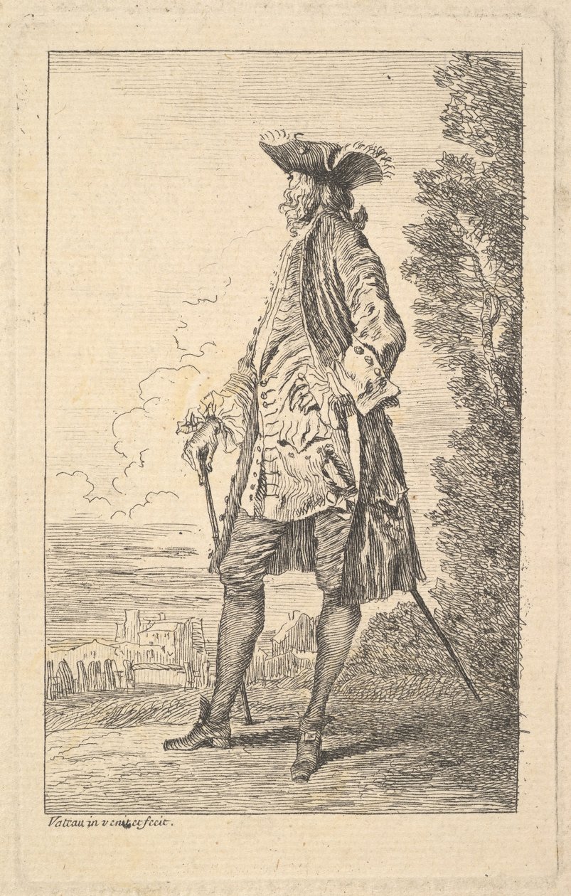 Mężczyzna idący i trzymający w prawej ręce laskę, ukazany w trzech czwartych z h..., ca. 1710. autorstwa Jean Antoine Watteau