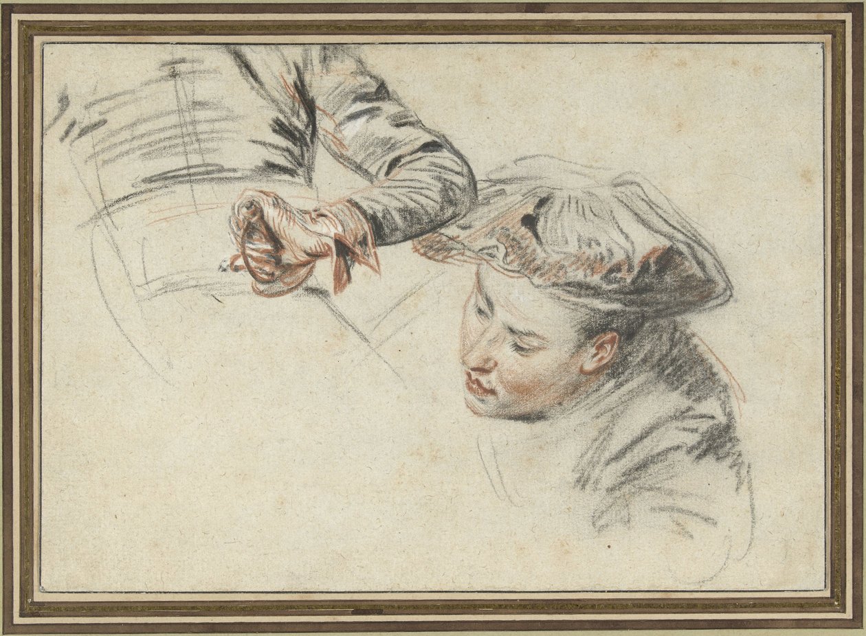 Głowa mężczyzny z beretem i ręką na rękojeści autorstwa Jean Antoine Watteau