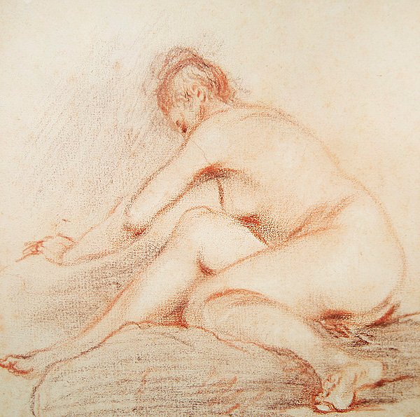 Naga kobieta (węgiel i czerwona kreda na papierze) autorstwa Jean Antoine Watteau