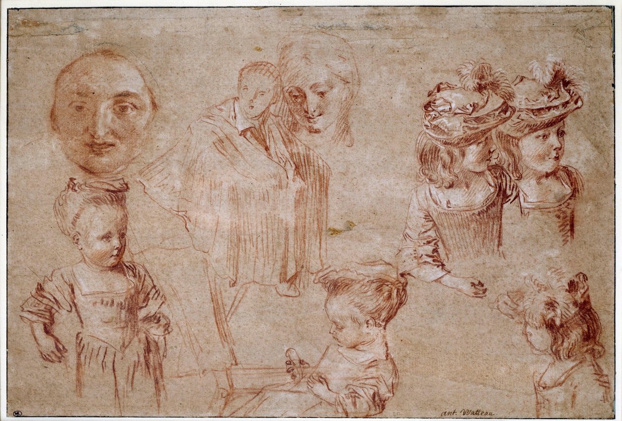 Maska Pierrota, pięć dziewczyn w biuście, męska zasłona i twarz kobiety. Rysowanie żywopłotu z krwi i kredy – Jean Antoine Watteau (1684-1721) XVIII w. Niedz. 0,27x0,4 m Paryż, Musee du Louvre autorstwa Jean Antoine Watteau