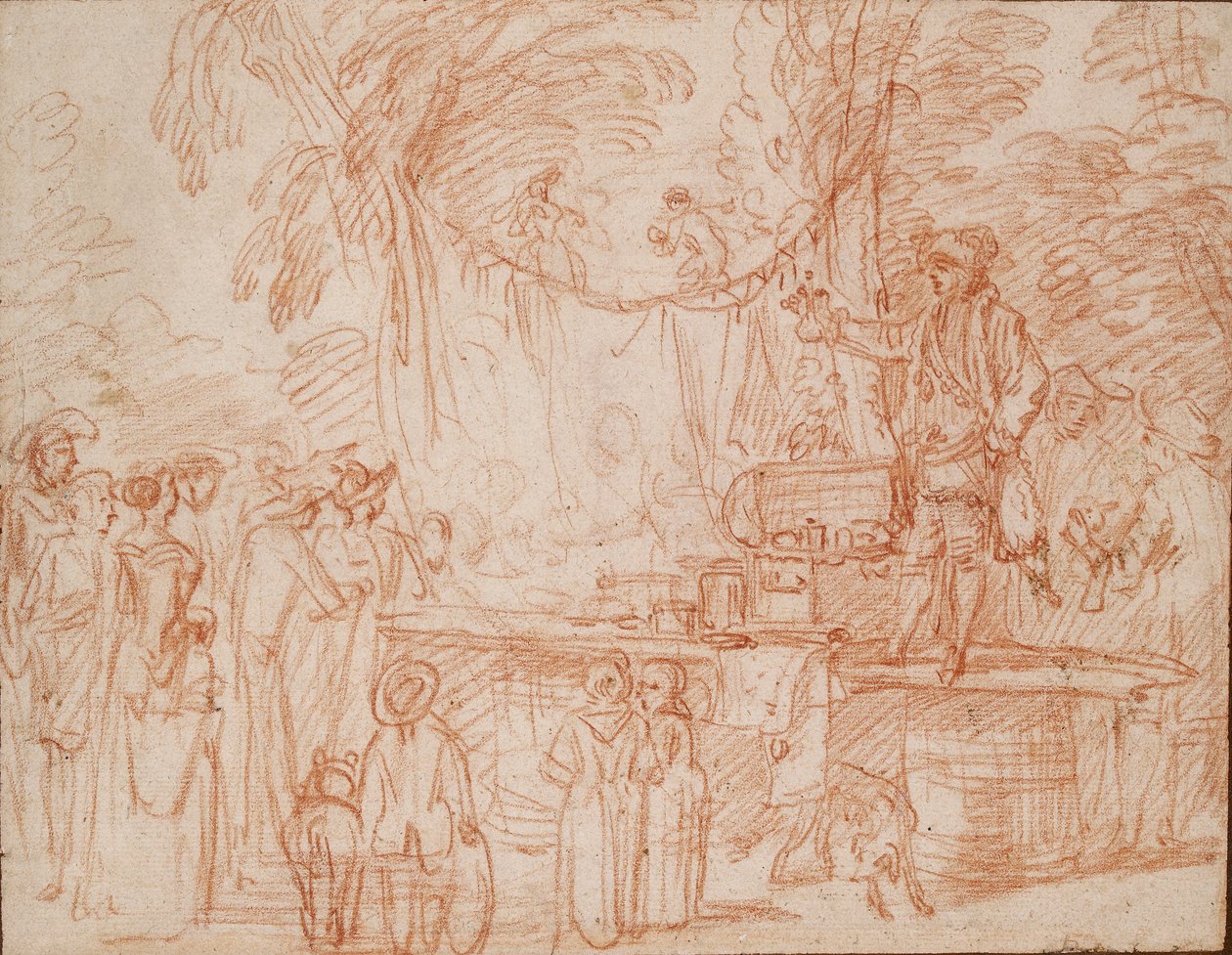 Znachor, sprzedający swoje towary na wolnym powietrzu, c1700-1720 autorstwa Jean Antoine Watteau