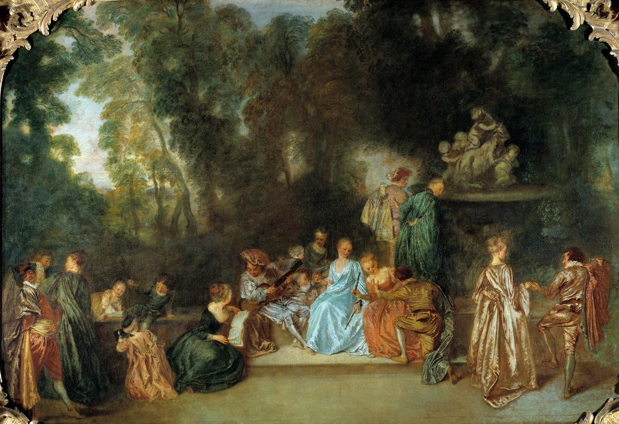 Rekreacja galante Obraz Jean Antoine Watteau (1684-1721) Berlin XVIII w., Muzeum Dahlem autorstwa Jean Antoine Watteau