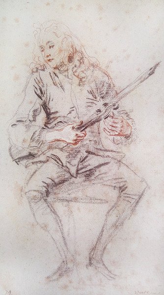 Siedzący skrzypek obracający swój instrument; autorstwa Jean Antoine Watteau