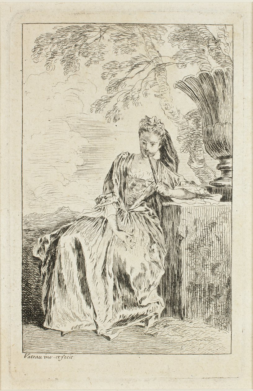 Kobieta w pozycji siedzącej, oparta o cokół autorstwa Jean Antoine Watteau