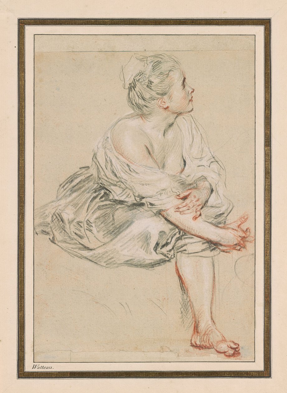 Siedząca młoda kobieta, ok. godz. 1716 (czarna, czerwona i biała kreda na papierze) autorstwa Jean Antoine Watteau