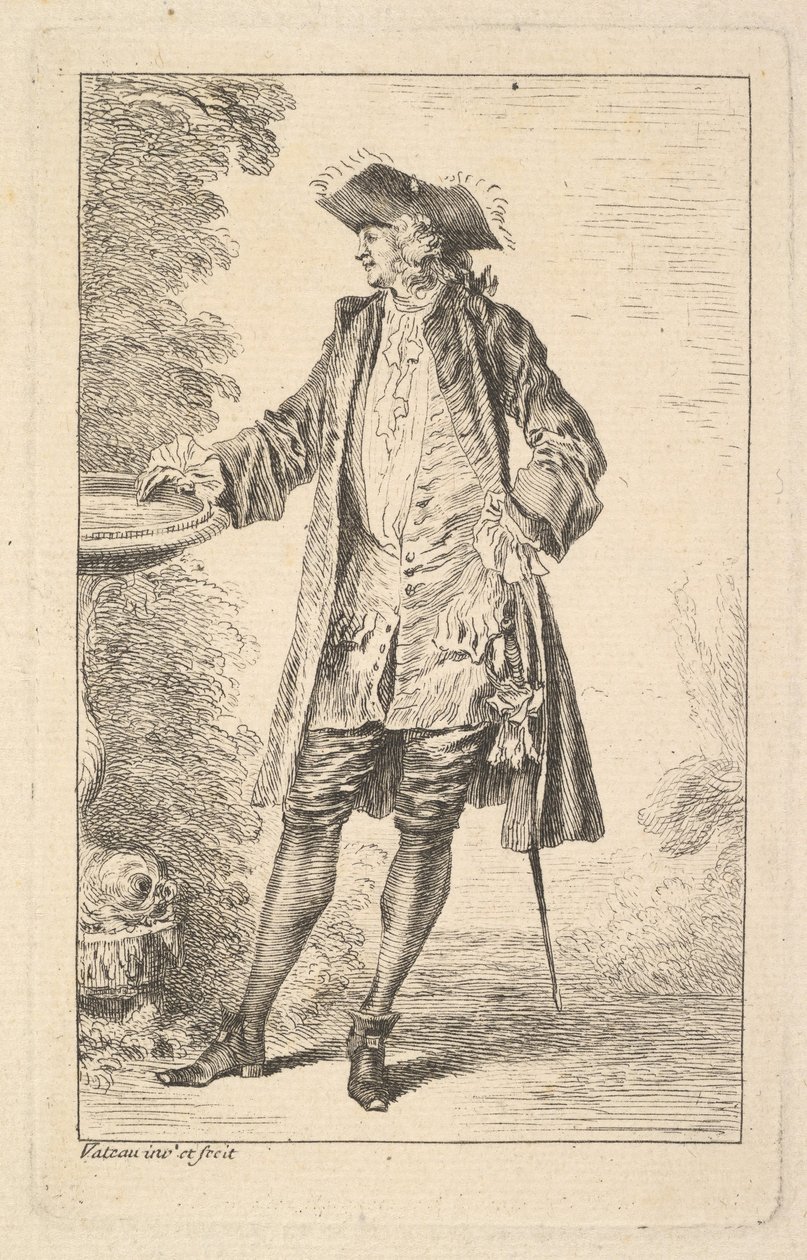 Stojący mężczyzna z prawą ręką wspartą o miskę, ukazany w trzech czwartych z..., ca. 1710. autorstwa Jean Antoine Watteau