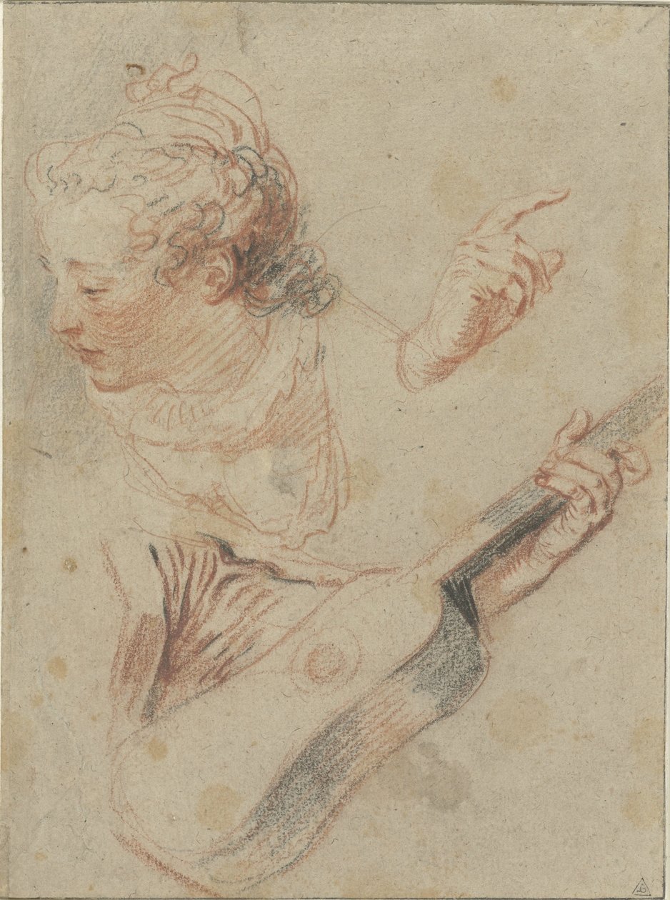 Arkusz do nauki ze spuszczoną głową dziewczyny, gitarą i rękami, które na nich grają autorstwa Jean Antoine Watteau