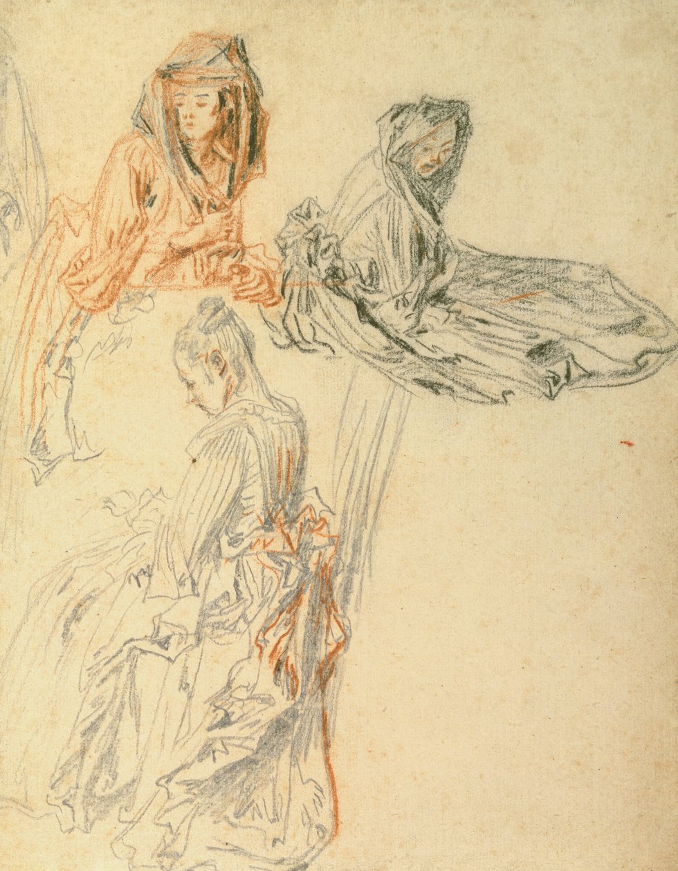 Studia trzech siedzących kobiet, ok. 1716-18 (kreda na papierze) autorstwa Jean Antoine Watteau