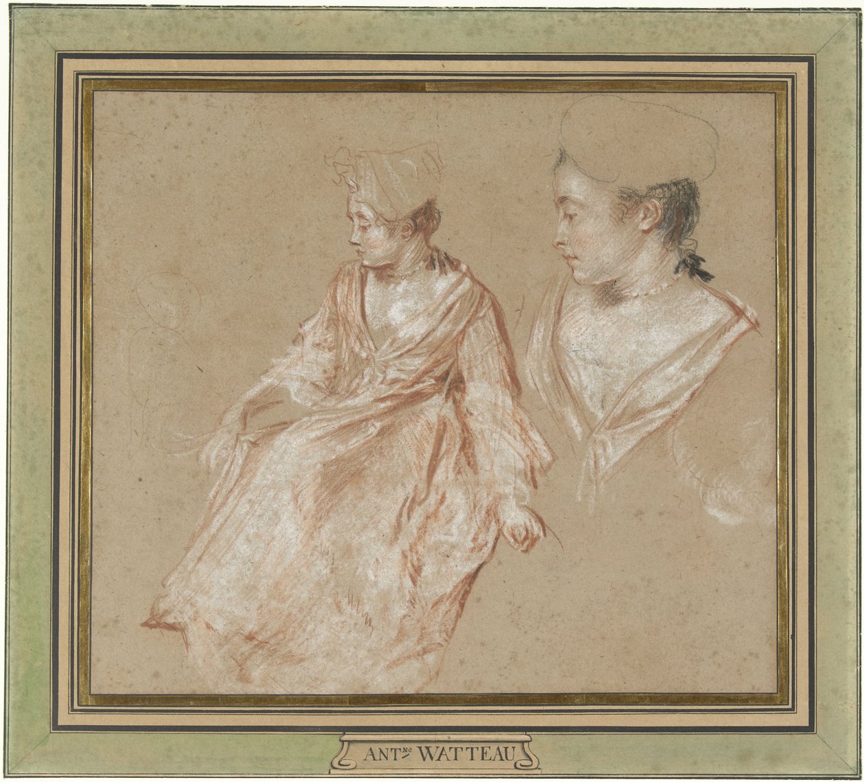 Studia siedzącej kobiety i szczegół jej głowy i ramion autorstwa Jean Antoine Watteau