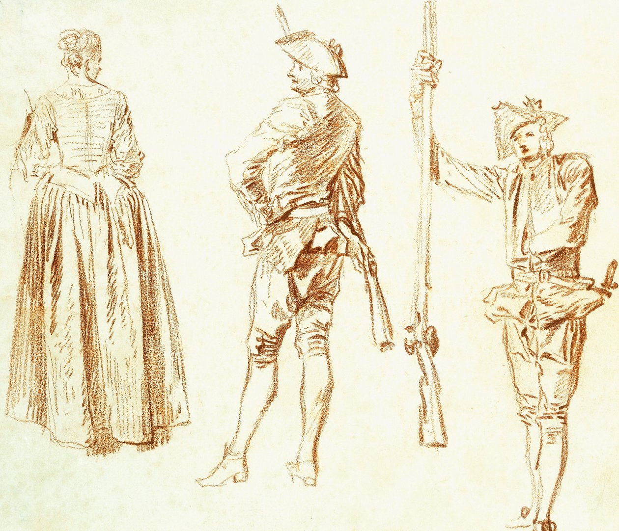 Studium młodej kobiety i dwóch myśliwych, ok. 1712-13 autorstwa Jean Antoine Watteau