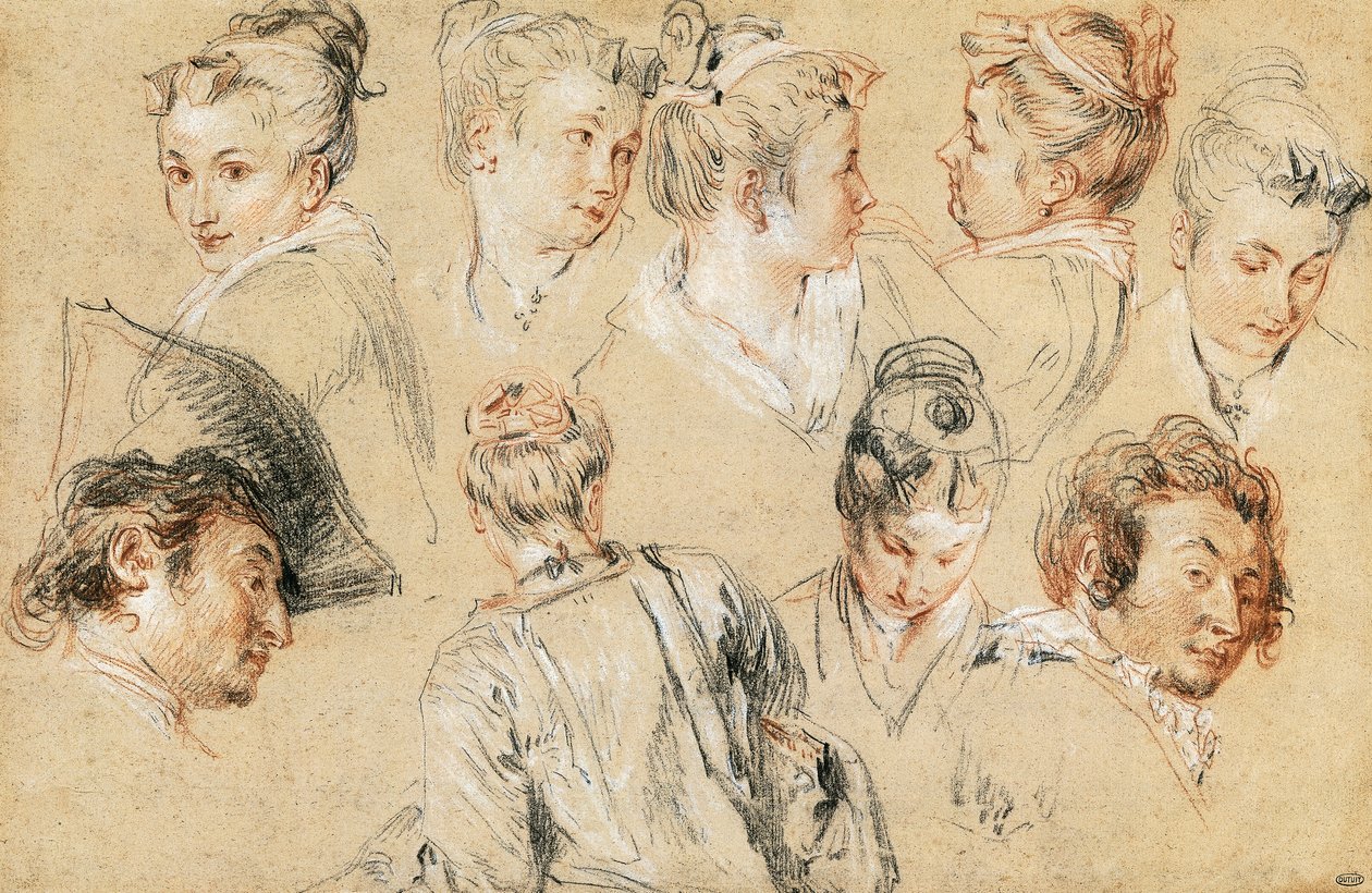 Studium głów, Jean-Antoine Watteau (1684-1721), rysunek autorstwa Jean Antoine Watteau