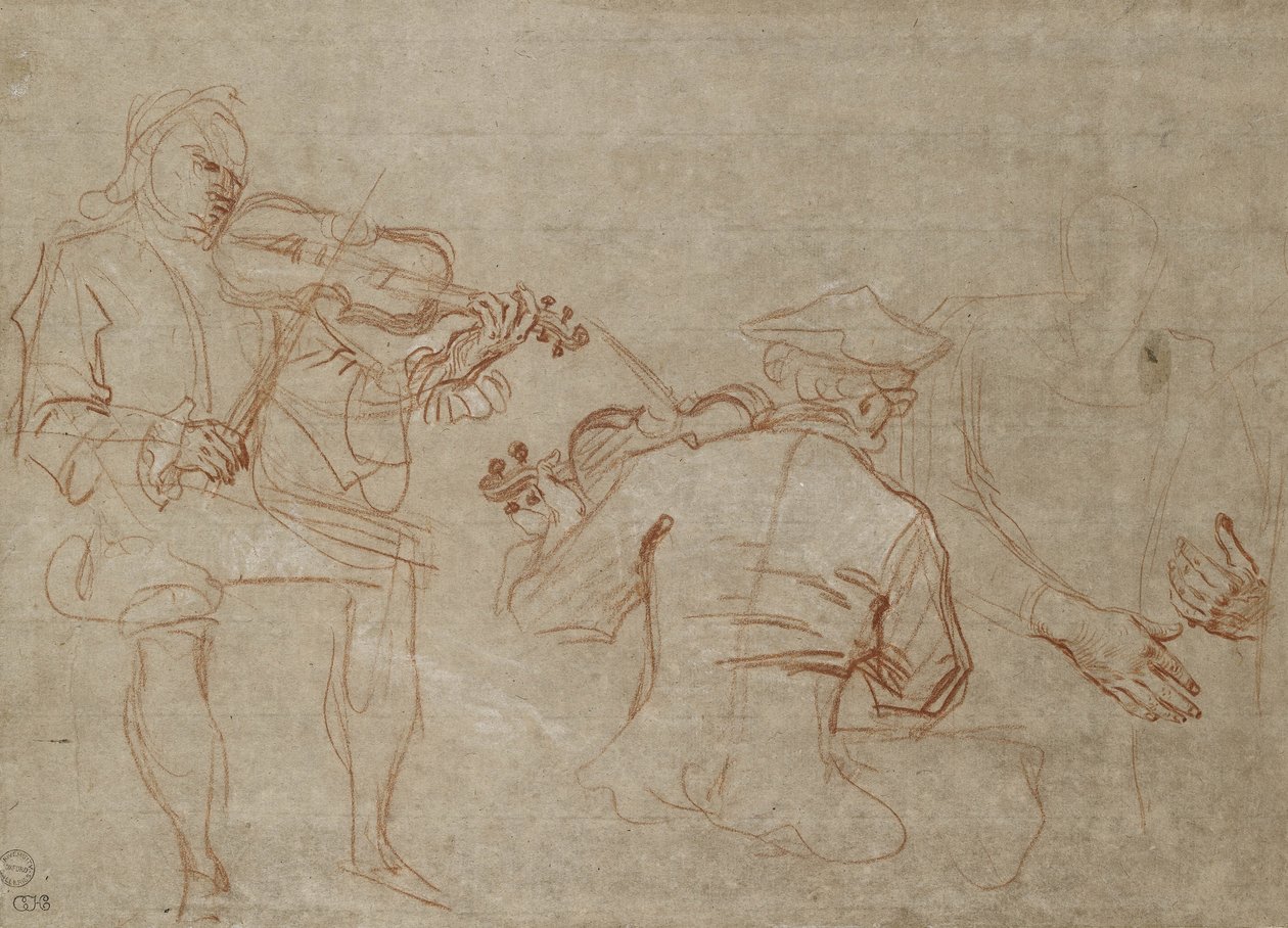 Studium dwóch skrzypków i pary rąk, trzymających rękę (czerwone i białe kredy na papierze) autorstwa Jean Antoine Watteau