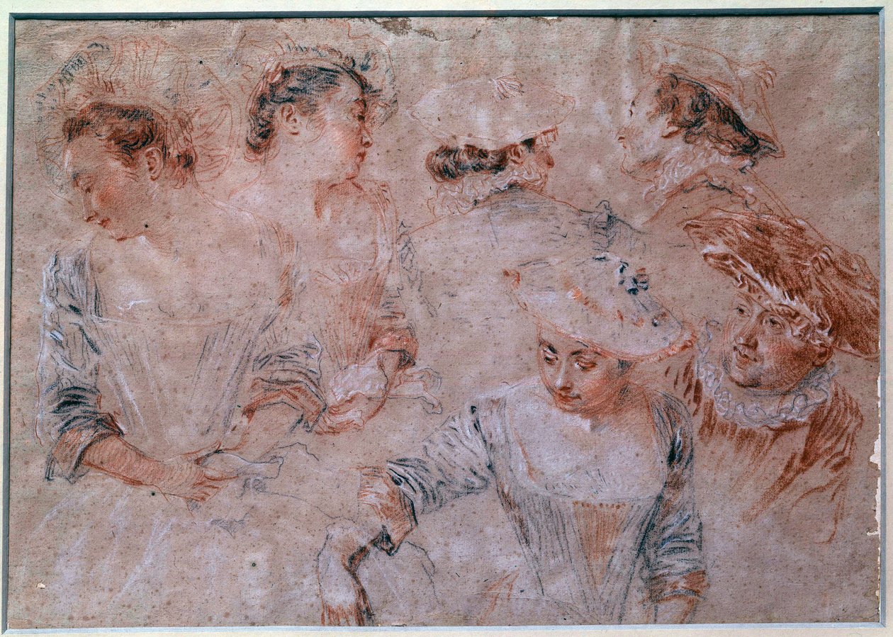 Studium postaci młodej kobiety. Detal szyi kobiet, ale także mężczyzn towarzyszących kobietom. Rysunek ołówkiem wykonany przez Jean Antoine Watteau (1684-1721) XVIII-wieczny Paryż, Luwr autorstwa Jean Antoine Watteau