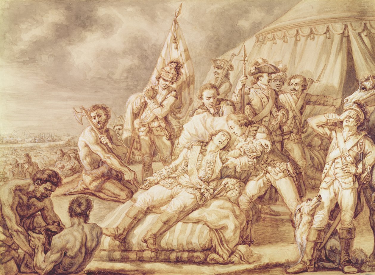 Śmierć markiza de Montcalm de Saint-Veran (1712-59) (pranie piórem i tuszem z kolorem ciała na papierze) autorstwa Jean Antoine Watteau